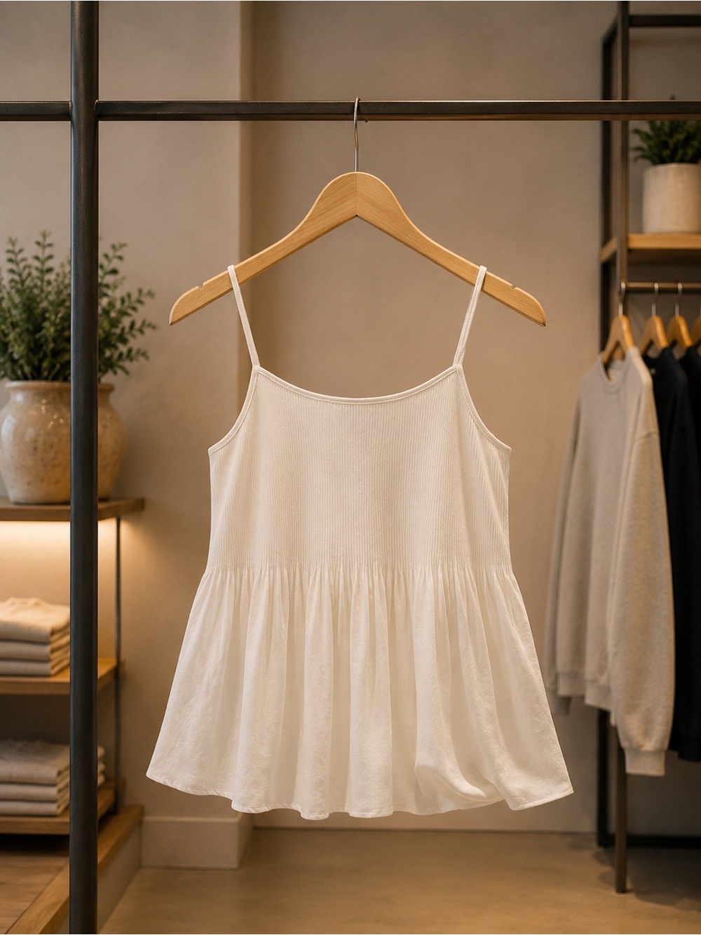 ODDY Cream Ribbed Spaghetti Strap Camisole